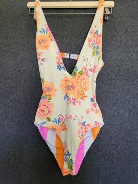 Maaji Brooke Reversible One Piece Polo Striped Floral Swimsuit Open Back L